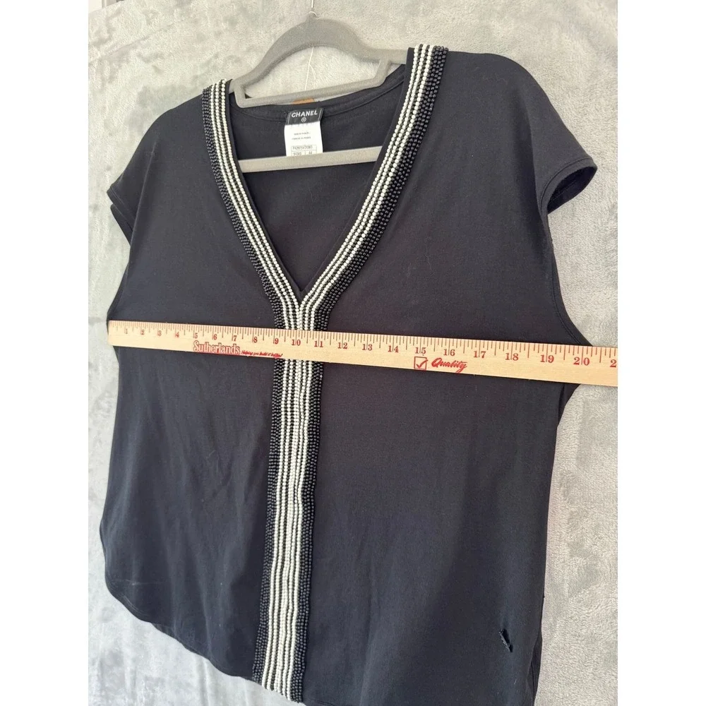 Chanel Black Beaded V-Neck Short Sleeve Top France P42975V31383 FR 44 US 12